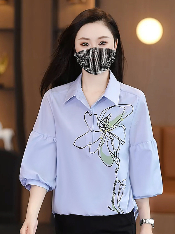时尚休闲印花衬衫女春秋新款洋气质百搭七分袖衬衣设计感短款上衣|undefined