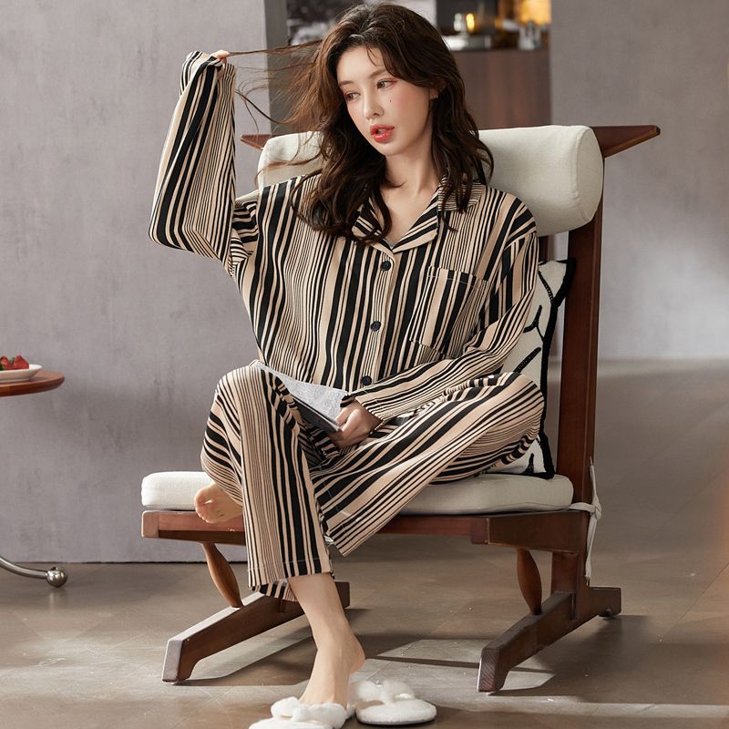 Al por mayor transfronterizo primavera y otoño nuevo pijama de algodón mujer casual cardigan con solapa de dos piezas con cojín de pecho general