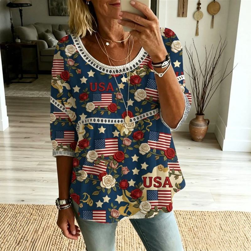 European and American Amazon Foreign Trade Cross-Border Women's Clothing American Independence Day Digital Print Casual Loose Round Neck Shirt Top