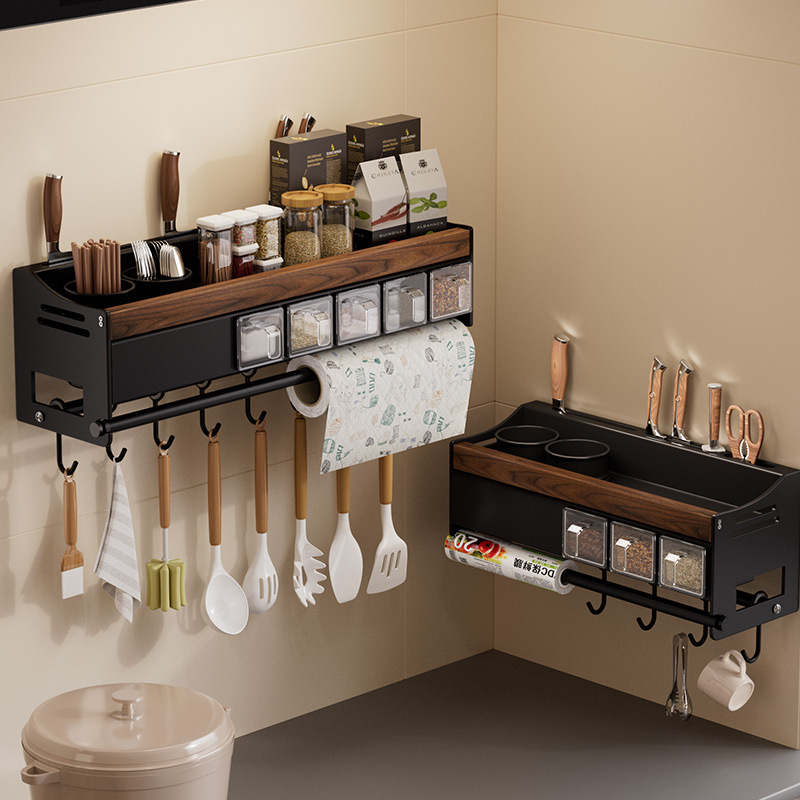Walnut punch-free kitchen multifunctional storage rack wall-mounted wall spice rack spice jar storage rack