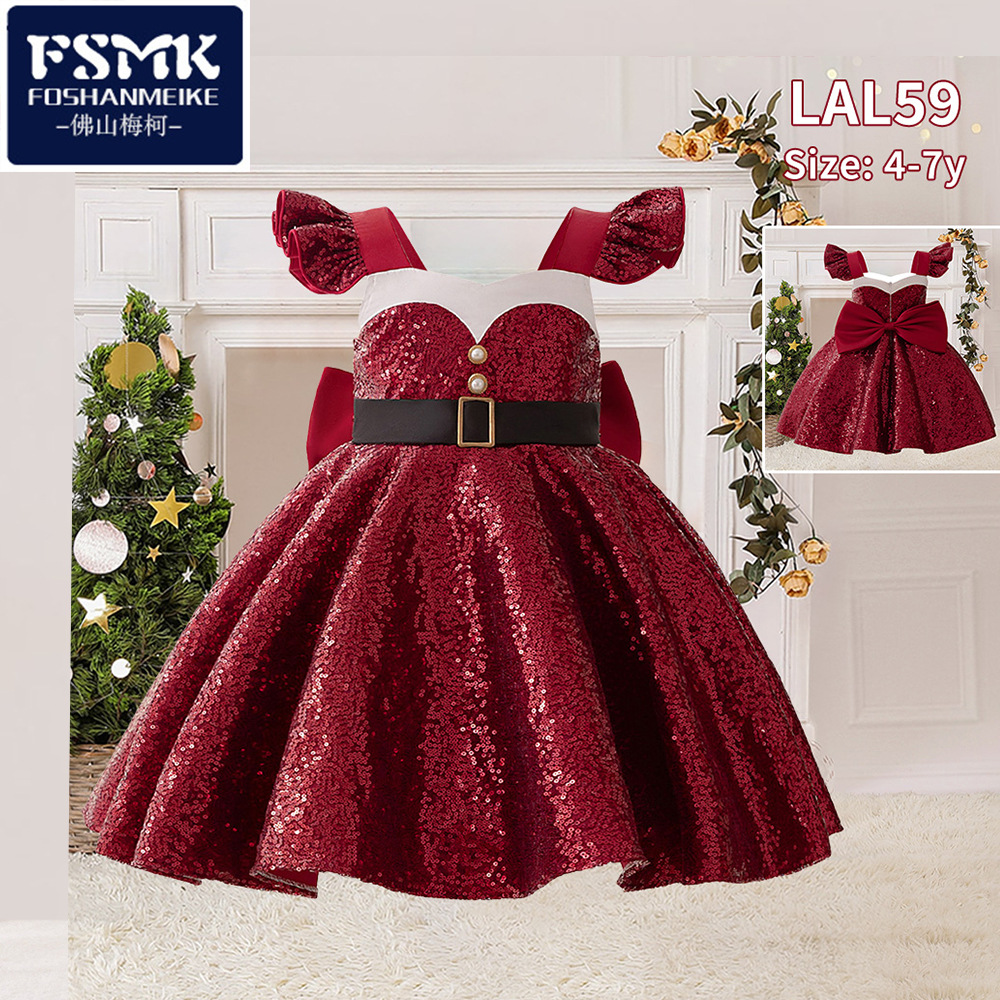 Vestido de Navidad para niños, vestido de princesa, mangas abullonadas con lentejuelas, vestido de fiesta de moda con lazo rojo, vestido de princesa