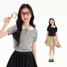 女童洋气夏装套装2026新款针织短袖上衣花苞裙裤两件套中大童穿搭