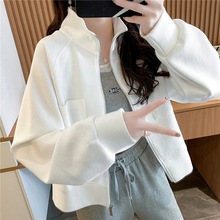 大码女装2025秋冬季新款宽松拉链开衫纯色立领短款外套加绒卫衣潮