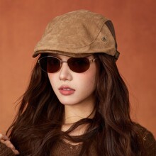 秋季老钱风皮革前进帽气质复古麂皮绒鸭舌帽女文艺百搭报童帽子男