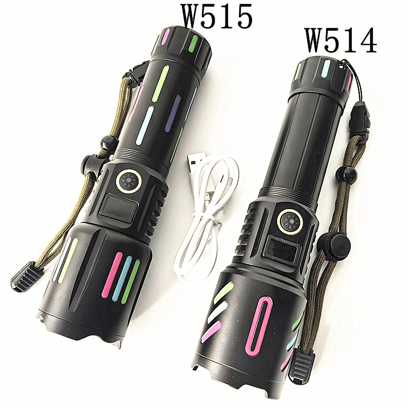 批发W514W515白激光灯珠铝合金聚光选射26650电池Type-C充电手电