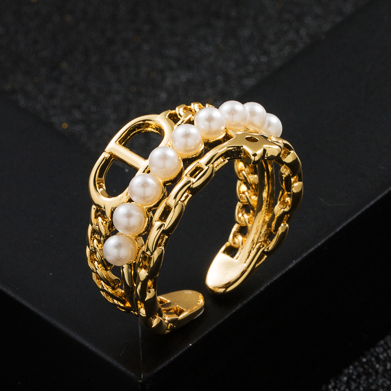 Fashion Copper Gold-plated Micro-inlaid Zircon Geometric Pearl Pin Ring display picture 4