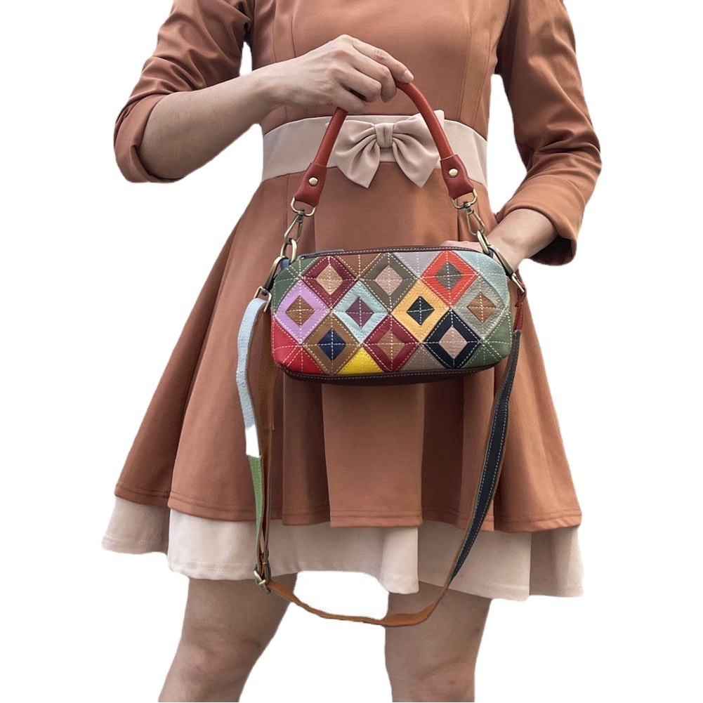 European and American Fashion Light Luxury Women's Handbag, First-Layer Cowhide Leather Patchwork Plaid Bag, Mobile Phone Bag, Single Shoulder Crossbody Bag