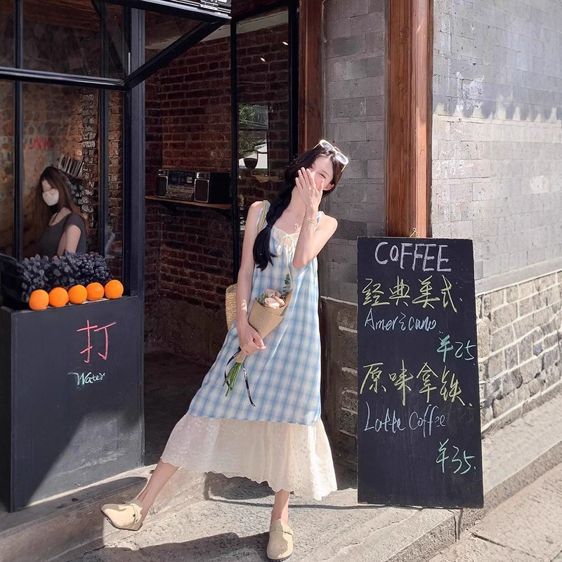 Blue Plaid Slip Skirt dress Children's Summer New Fake Two-Piece Stitching Lace Niche Design Long Dress Blue Plaid Slip Skirt dress Children's Summer New Fake Two-Piece Stitching Lace Niche Design Long Dress