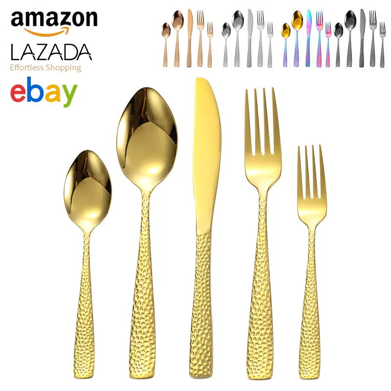 亚马逊不锈钢西餐具刀叉勺镀金锤纹加厚牛排刀甜品叉勺子跨境套装