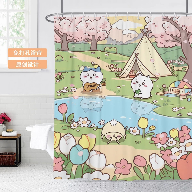 Cartoon Shower Curtain Jiikawa, No-Drill Waterproof and Mildew-Proof Shower Curtain, Dormitory Partition Curtain, Bathroom Partition Hanging Curtain
