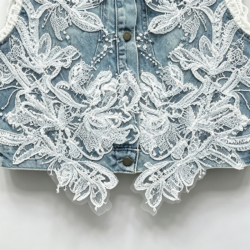 2026 verano nuevo estilo suave ropa de mujer de moda de encaje flor chaleco denim chaqueta delgada moda