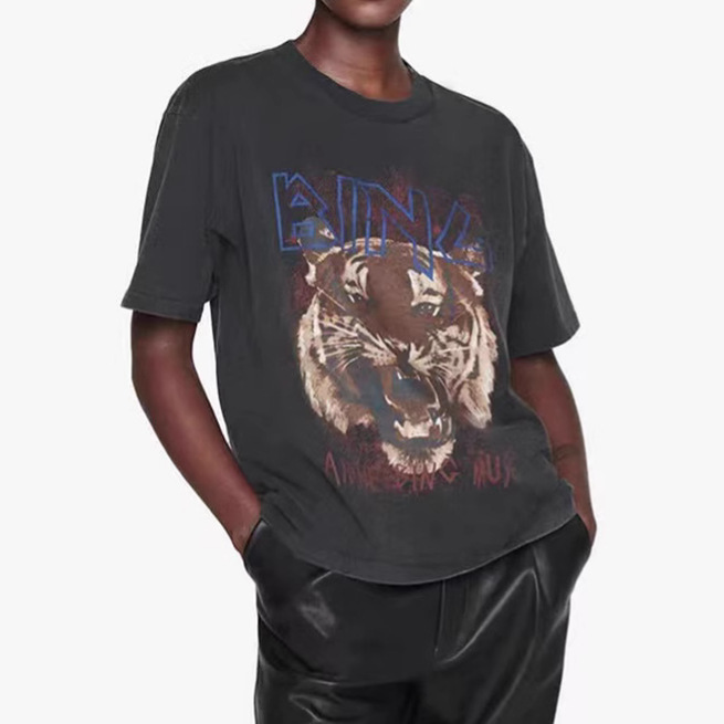 2025 Spring and Summer New North American Niche Ab Tiger Head Print Distressed Fried Color Washed Fried Snowflake Short-Sleeved T-Shirt for Women 2025 Spring and Summer New North American Niche Ab Tiger Head Print Distressed Fried Color Washed Fried Snowflake Short-Sleeved T-Shirt for Women