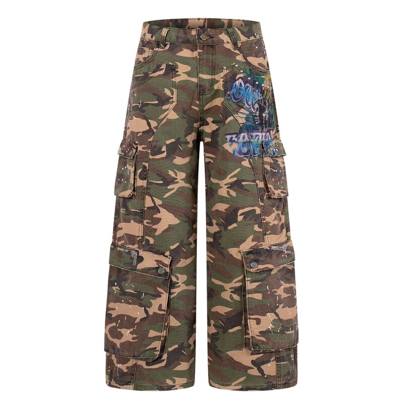 Zongchi Clothing American Retro Design Camouflage Workwear Print Unisex Loose Straight-Leg Spring/Summer Denim Pants