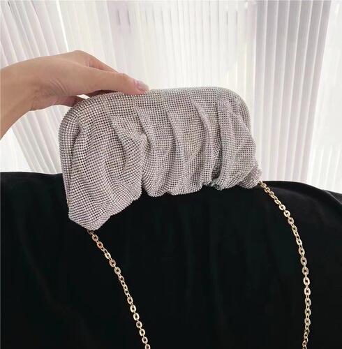 Shiny hand-encrusted diamond bag pleated chain rhinestone cloud dumpling clip bag evening bag shoulder crossbody bag