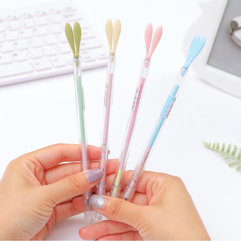 Lindo dibujos animados fresco luminoso conejo largo oído firma pluma con enchufe de polvo pluma de gel pluma de agua de alta calidad