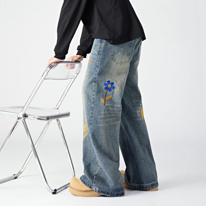 American High Street Floral Embroidered Straight Jeans for Men, Autumn Trendy Hip-Hop Loose Casual Wide-Leg Pants