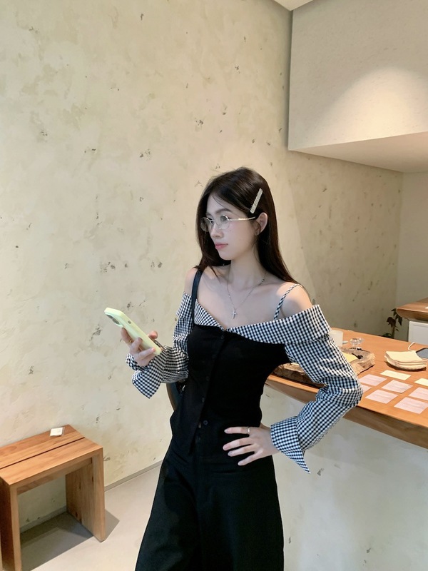 气质温柔风假两件设计格子拼接T恤女早秋新款甜辣妹修身百搭上衣|undefined