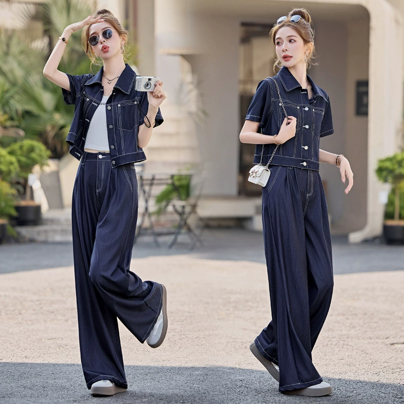 Тинси джинсовая женщина 2025 лето новый тонкий кружевной сшитый топ с короткими рукавами широкие брюки