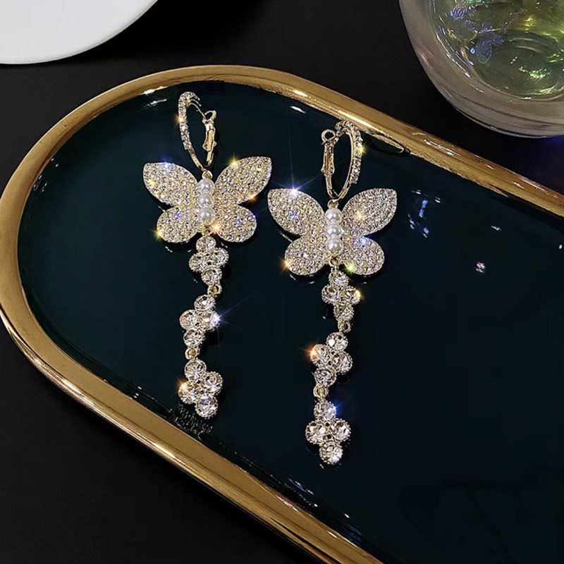 1 Pair Ig Style Shiny Butterfly Inlay Alloy Rhinestones Pearl Drop Earrings display picture 5