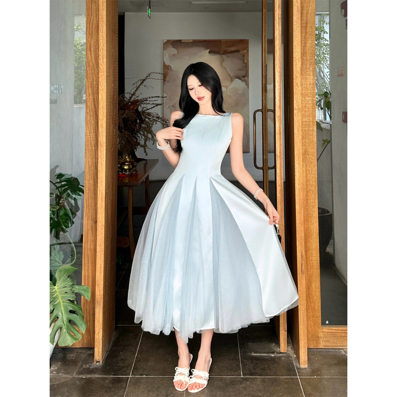 Light Dress-Style Mesh Patchwork Long Dress for Women, Ice Blue Sleeveless Waist-Cinching Satin Mesh Flared Mid-Length Dress