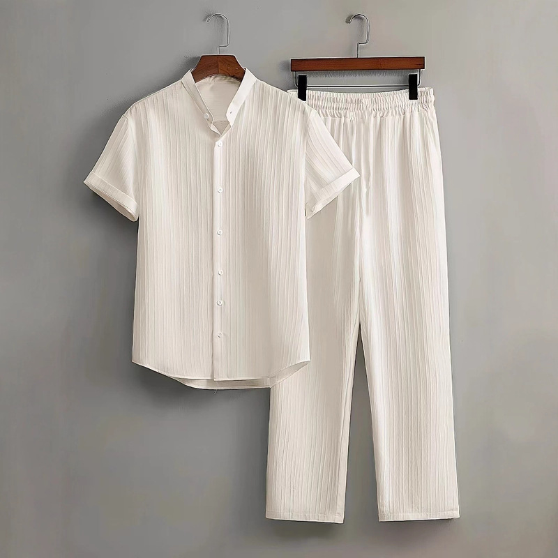 European and American Cross-Border Aliexpress Foreign Trade Men's Casual Multi-Color Beachwear Bamboo Wrinkled Short-Sleeved Suit Two-Piece Set