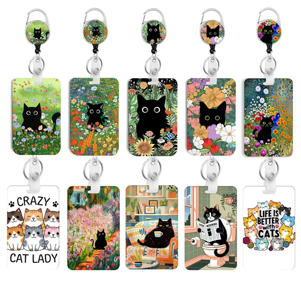 Illustration-Style Black Cat Zinc Alloy Easy-Pull Badge Holder Id Card Holder Name Tag Work Badge Card Holder Set Gift