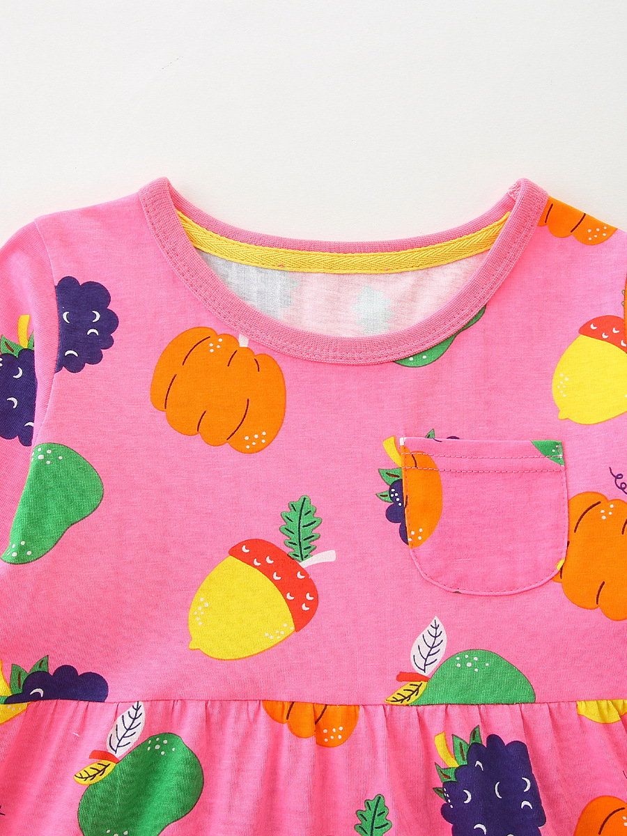 Otoño nuevo producto vestido de manga larga para niñas estilo europeo y americano estampado de dibujos animados vestido de princesa para niños vestido de algodón de punto cuello redondo para niños