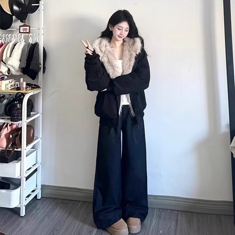 黑色毛领夹棉座山雕猫耳朵外套男女秋冬季新款加厚情侣装棉衣棉服|undefined