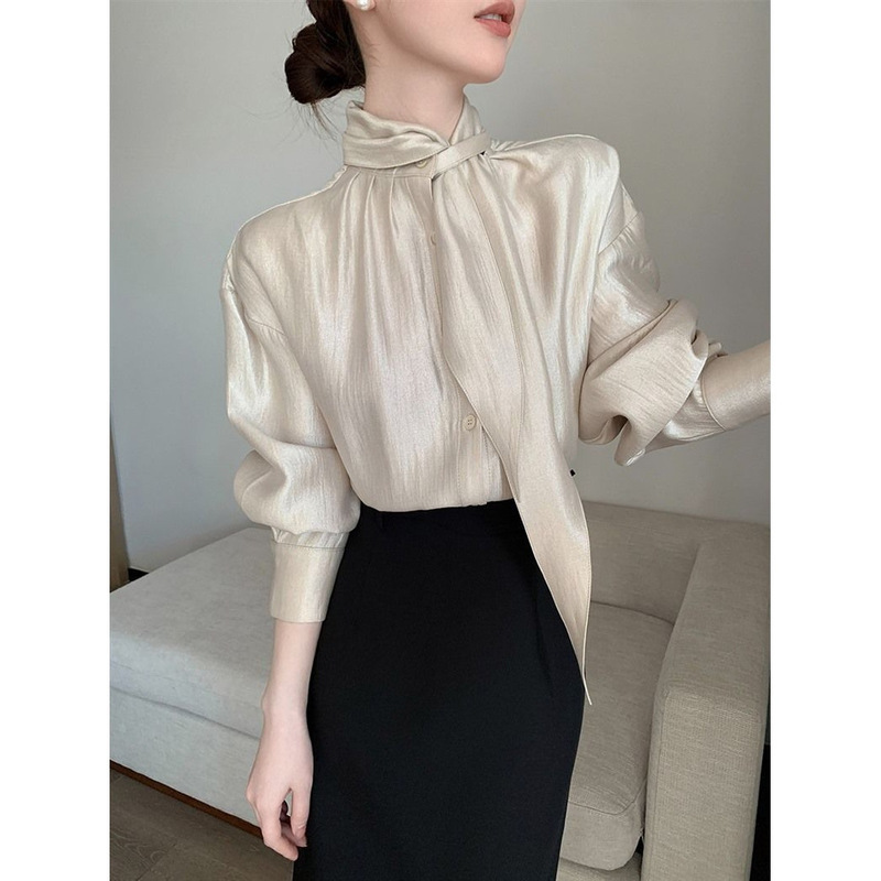 Champagne-Colored High-Neck Long-Sleeve Ribbon Shirt for Women, Spring 2026 New French-Style Elegant and Unique Fashion