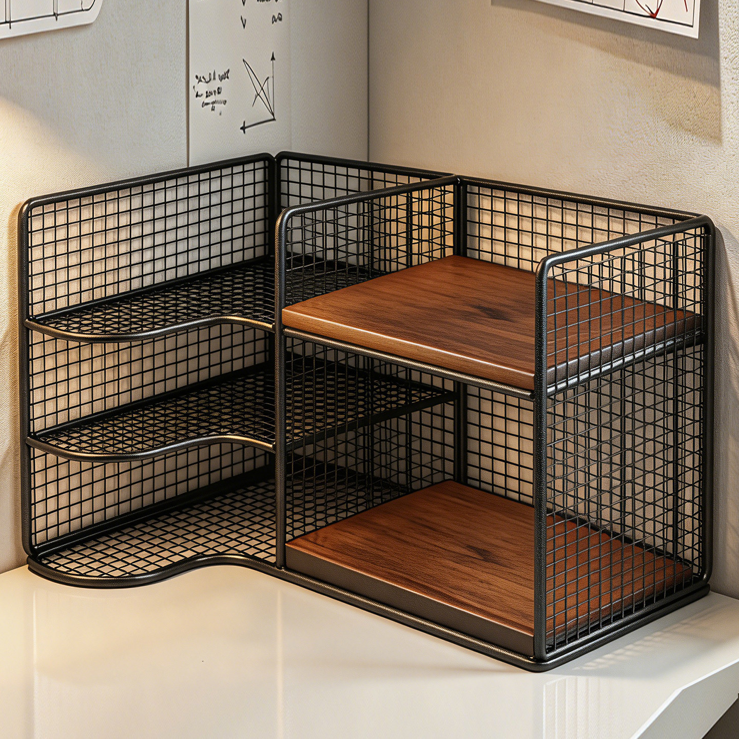 Corner bookshelf workstation, corner storage cabinet, multi-layer shelf on the table, office desk surface file and document display rack