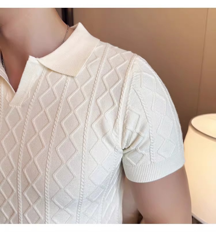 Men's Clothing Plus Size Men's Shirt Style Short Sleeved V Neck Business Collar Cable Knit T-Shirt For Formal & Casual_voghion.com
