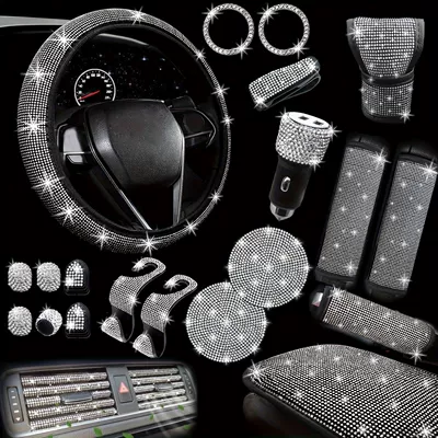 Cross-border foreign trade auto parts 30 pieces of rhinestone suit car steering wheel cover safety belt cover electric charging air outlet strip (Steering wheel cover) - white-38cm