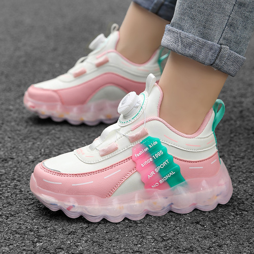 Kids' Shoes 5-8 Years Old Leather Surface Sports Shoes 2025 Model Boy's Rotating Button Shoes Children Breathable Mesh Running Shoes