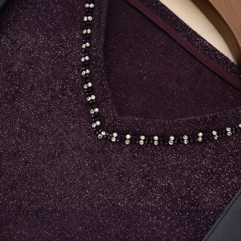 하이 엔드 여성 의류 도매 패션 가을과 겨울 V 칼라 다이아몬드 구슬 밝은 실크 긴 소매 니트 스웨터 탑 기본 셔츠 좋은 경기