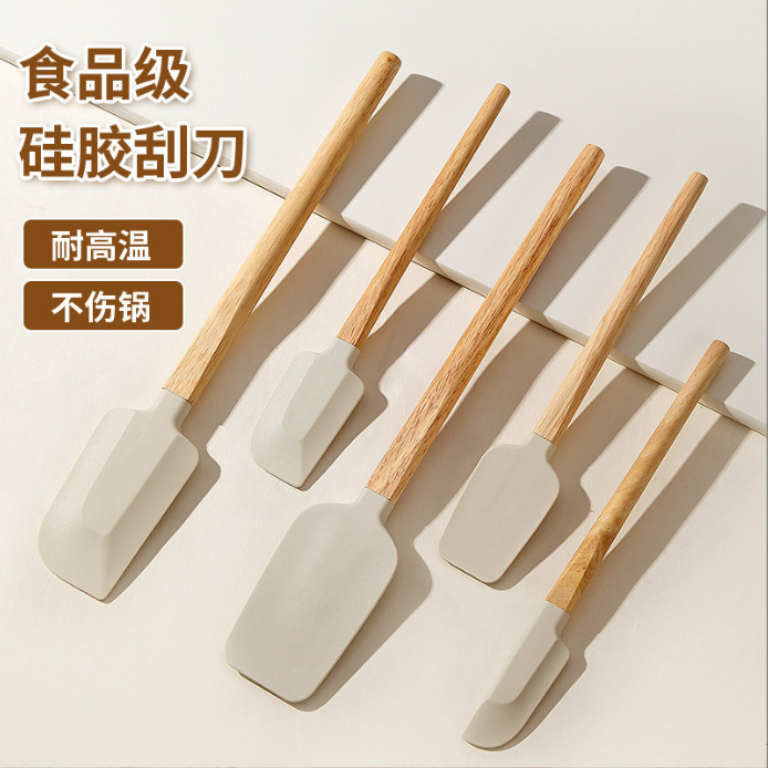 Cross-Border Exclusive Supply of Silicone Spatulas with Wooden Handles, Food-Grade High-Temperature Resistant Cream Spatulas, Mixing Knives, Household Baking Set