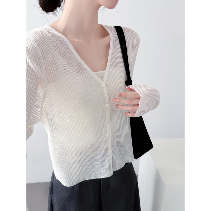 White Thin Linen Sun-Protective Knit Cardigan for Women, Spring/Summer 2026, Slim-Fit Short Style, Slightly Sheer Outerwear Shawl Top