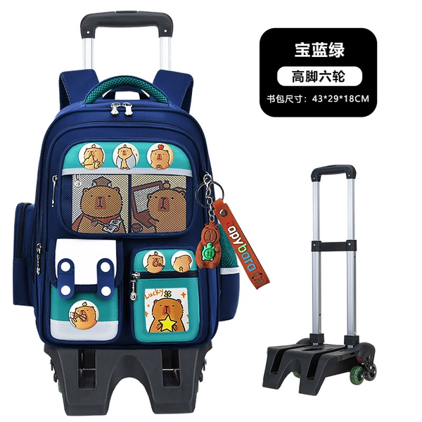 Green backpack, suitcase on wheels