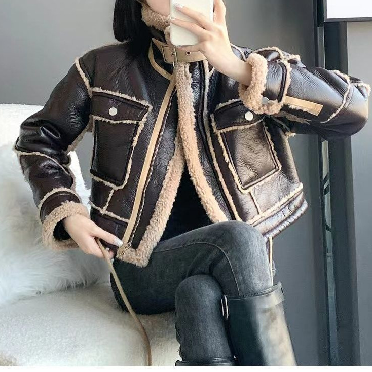 Fleece-Lined Motorcycle Jacket for Women, Cool Short Fur Coat, Integrated Winter Lamb Fleece Thickened