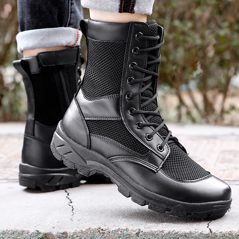 Summer Combat Boots New Style Breathable Mesh Zipper High-Top Shoes Martin Boots Men's Tactical Ultra-Light Hiking Security Military Training Boots