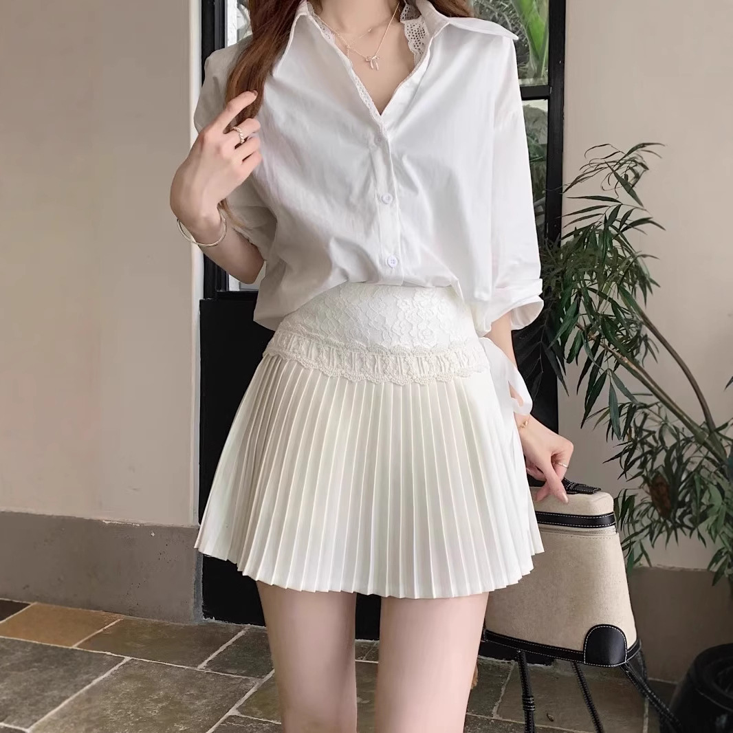 White design lace summer pleated skirt