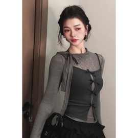 外贸跨境半高领蝴蝶结蕾丝微透T恤上衣女春秋季叠穿吊带两件套装