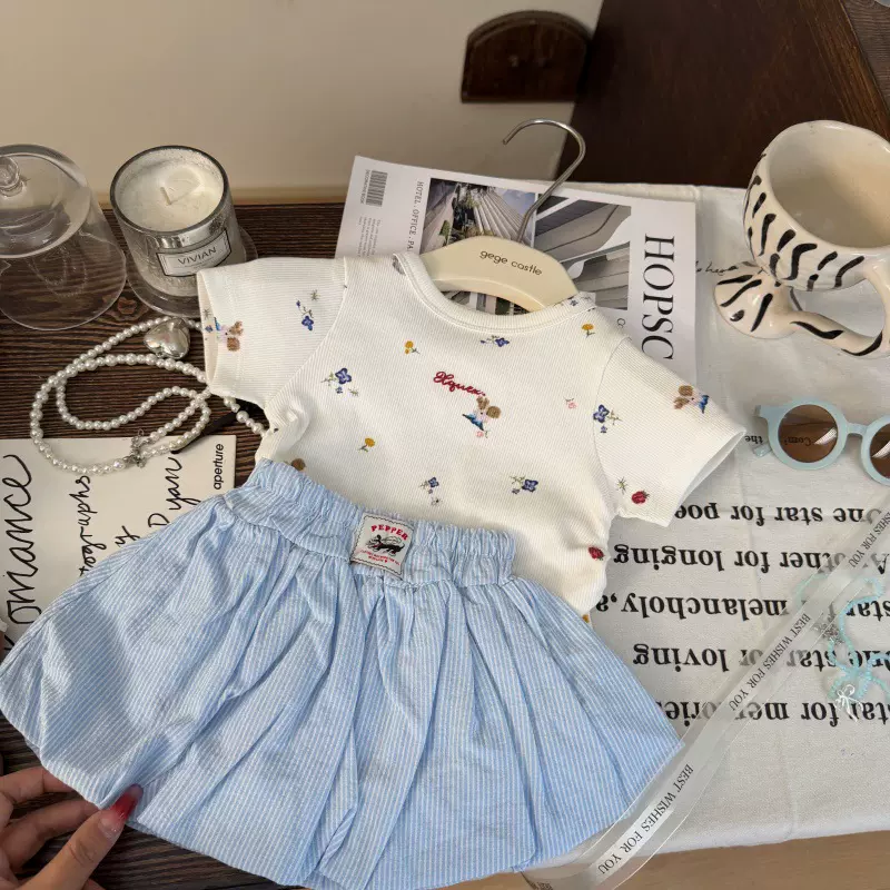 韩版童装2026新款夏季女童卡通印花短袖T恤条纹花苞短裤两件套潮