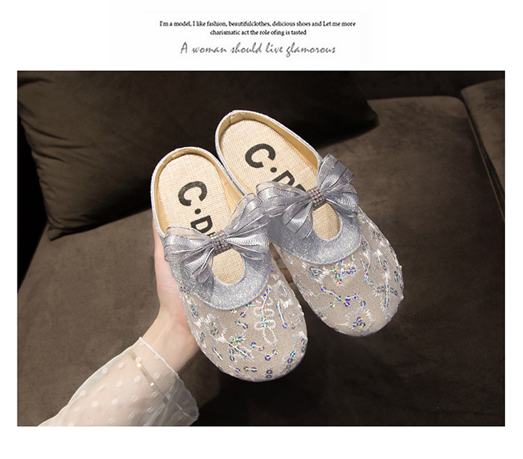 Zapatillas De Mujer Ropa De Abrigo Verano Nueva Malla Transpirable Lazo Baotou Estilo De Hada Plana Perezosa_voghion.com