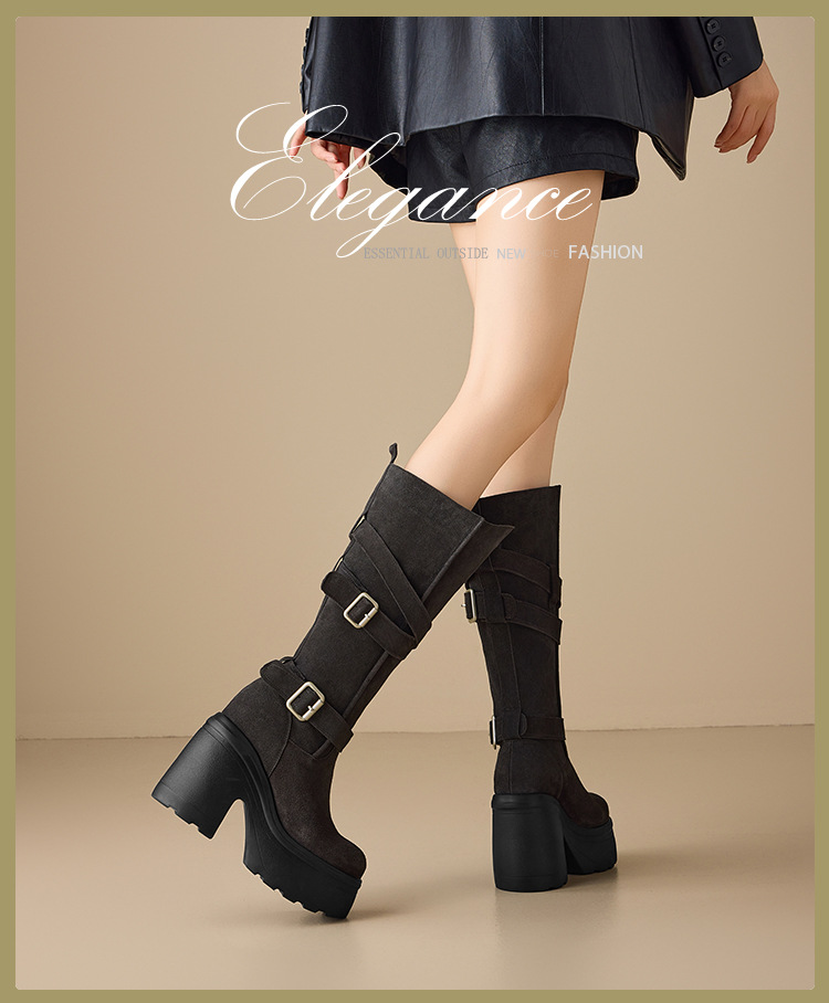 Bốt nữ cổ cao quá đầu gối gót 12 cm, phong cách retro thanh lịch, có khóa thắt lưng — nhung đen chi tiết 1