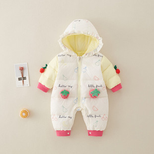 Newborn baby clothes winter clothes baby white duck down jacket jumpsuit hooded romper thickened warm romper