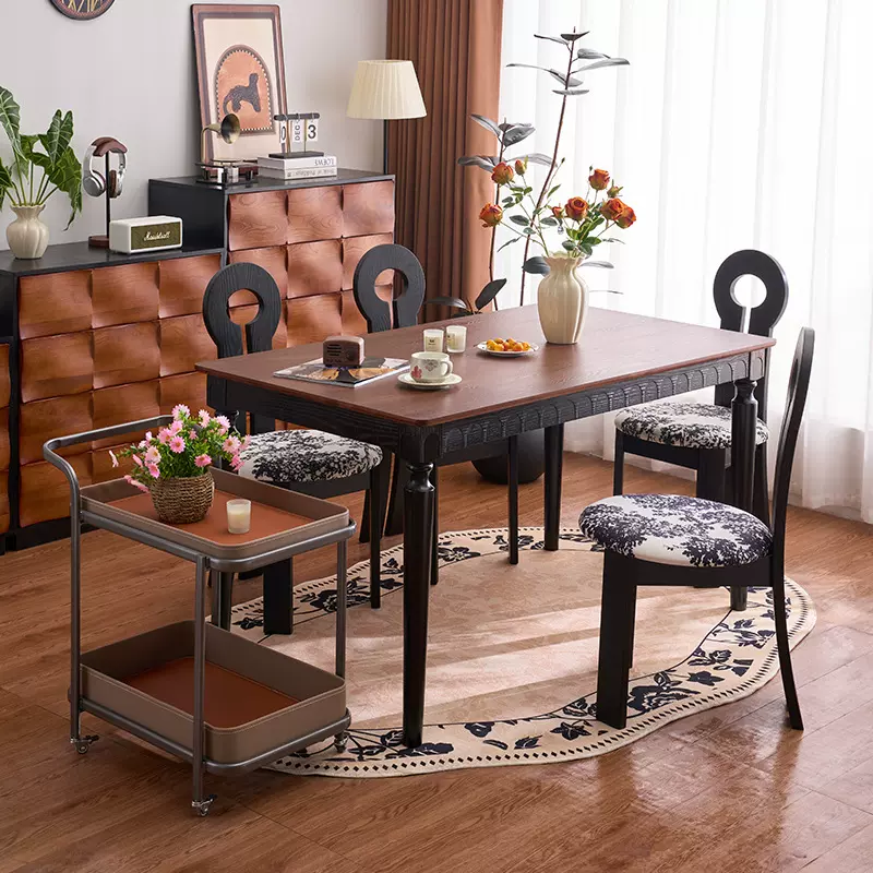 法式复古实木餐桌椅长凳组合家用餐厅长方形餐桌美式中古软包椅子