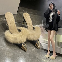 Women's Outside Wear Fleece Lined New Pointed Toe Semi-Pull On Korean Style Hooded Pointed Toe Thin Heel High Heel Slippers