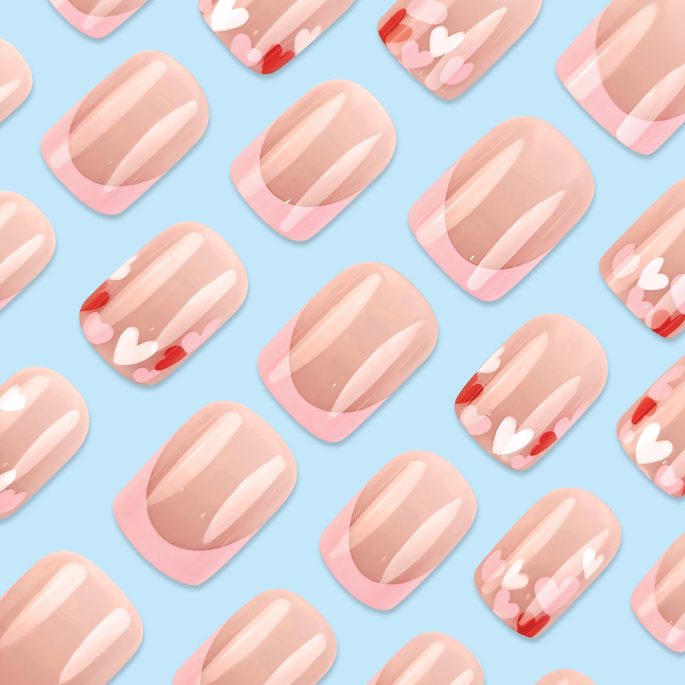 Europa y los Estados Unidos venta caliente de bordes de rosa de manicuras francesas manicuras parches de uñas falsas de color blanco Día de San Valentín rosa amar usar uñas