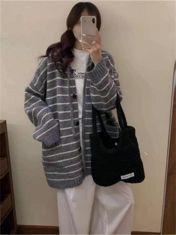 韩系撞色条纹连帽抽绳针织开衫女中长款休闲慵懒宽松软糯毛衣外套|undefined