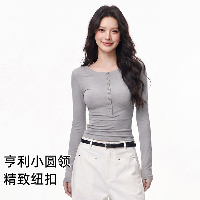 American-style henley collar slim-fit lyocell long-sleeve t-shirt for women, autumn and winter slim-fit base shirt with shell buttons